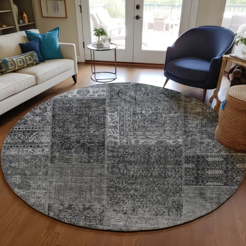 8' Gray Charcoal And Silver Round Patchwork Washable Indoor Outdoor Area Rug Photo 7