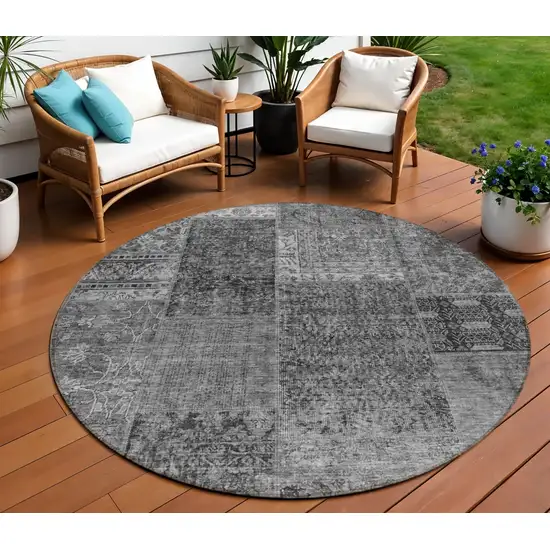8' Gray Charcoal And Silver Round Patchwork Washable Indoor Outdoor Area Rug Photo 1