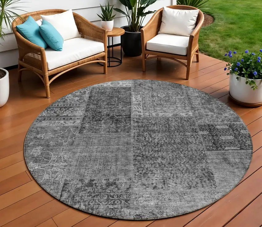 8' Gray Charcoal And Silver Round Patchwork Washable Indoor Outdoor Area Rug Photo 1