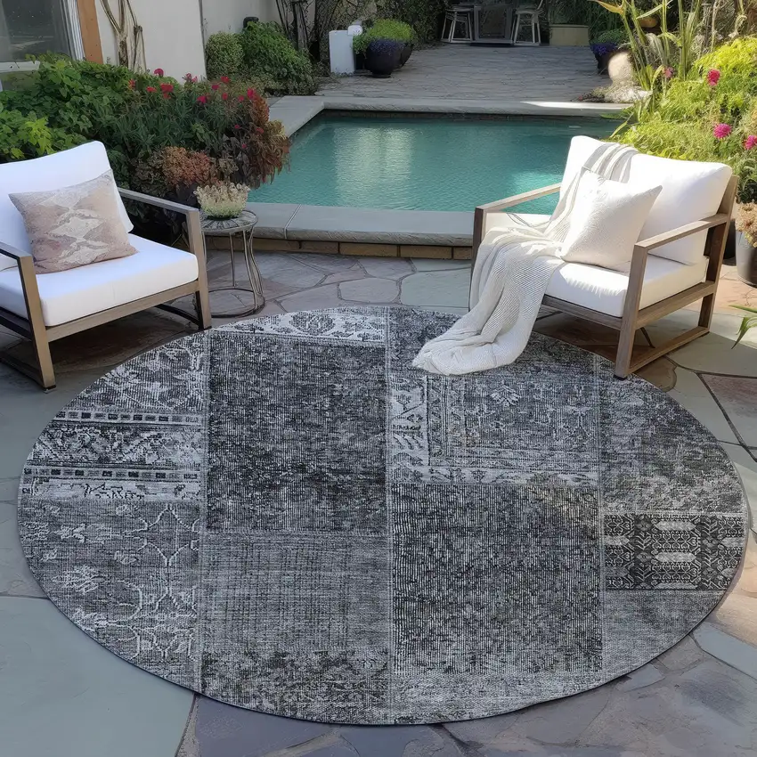 8' Gray Charcoal And Silver Round Patchwork Washable Indoor Outdoor Area Rug Photo 6