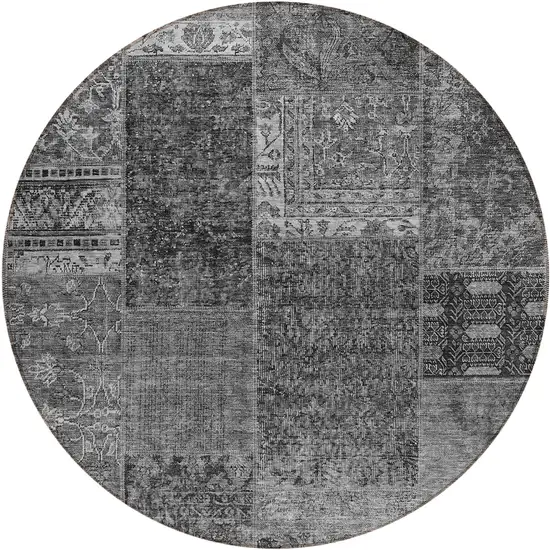 8' Gray Charcoal And Silver Round Patchwork Washable Indoor Outdoor Area Rug Photo 2
