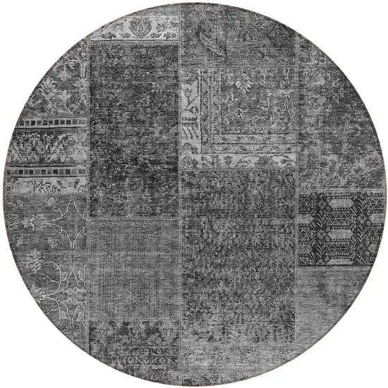 8' Gray Charcoal And Silver Round Patchwork Washable Indoor Outdoor Area Rug Photo 2