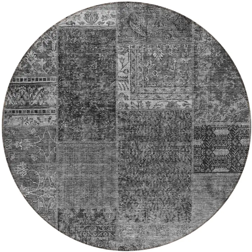 8' Gray Charcoal And Silver Round Patchwork Washable Indoor Outdoor Area Rug Photo 2