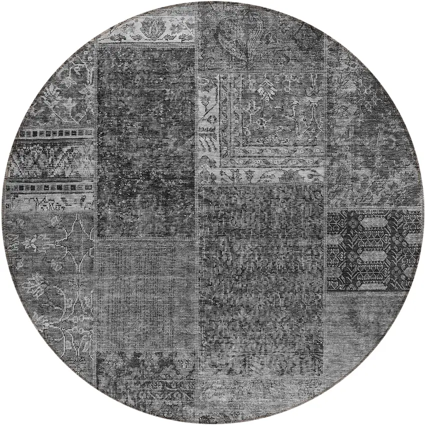 8' Gray Charcoal And Silver Round Patchwork Washable Indoor Outdoor Area Rug Photo 2