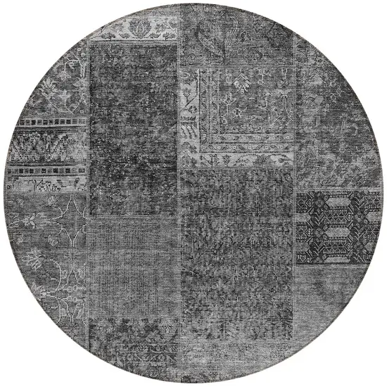 8' Gray Charcoal And Silver Round Patchwork Washable Indoor Outdoor Area Rug Photo 5