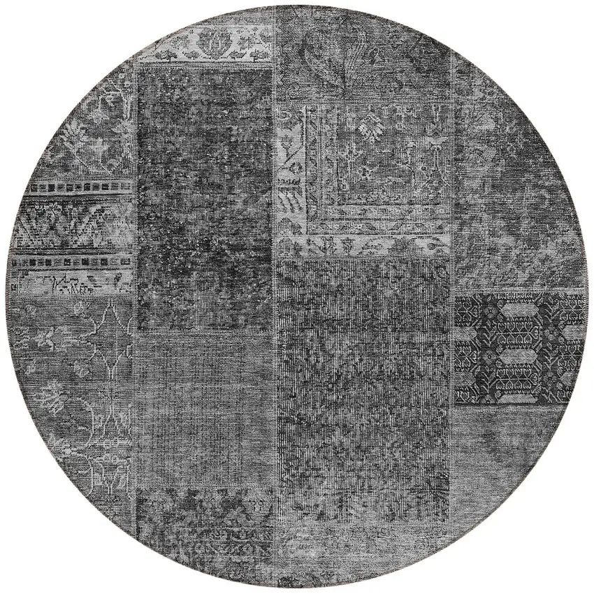 8' Gray Charcoal And Silver Round Patchwork Washable Indoor Outdoor Area Rug Photo 5
