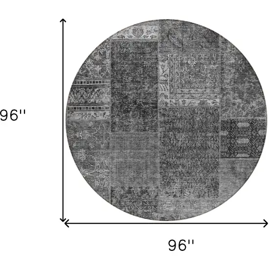 8' Gray Charcoal And Silver Round Patchwork Washable Indoor Outdoor Area Rug Photo 3