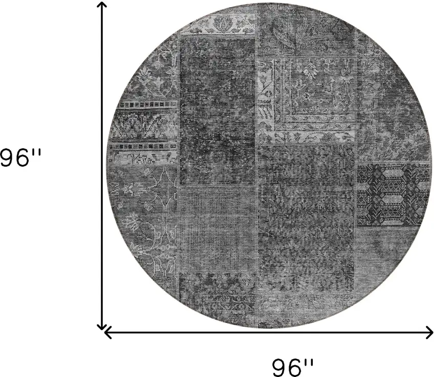 8' Gray Charcoal And Silver Round Patchwork Washable Indoor Outdoor Area Rug Photo 3