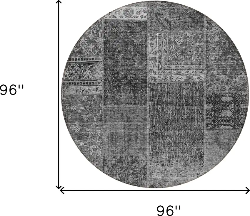8' Gray Charcoal And Silver Round Patchwork Washable Indoor Outdoor Area Rug Photo 3