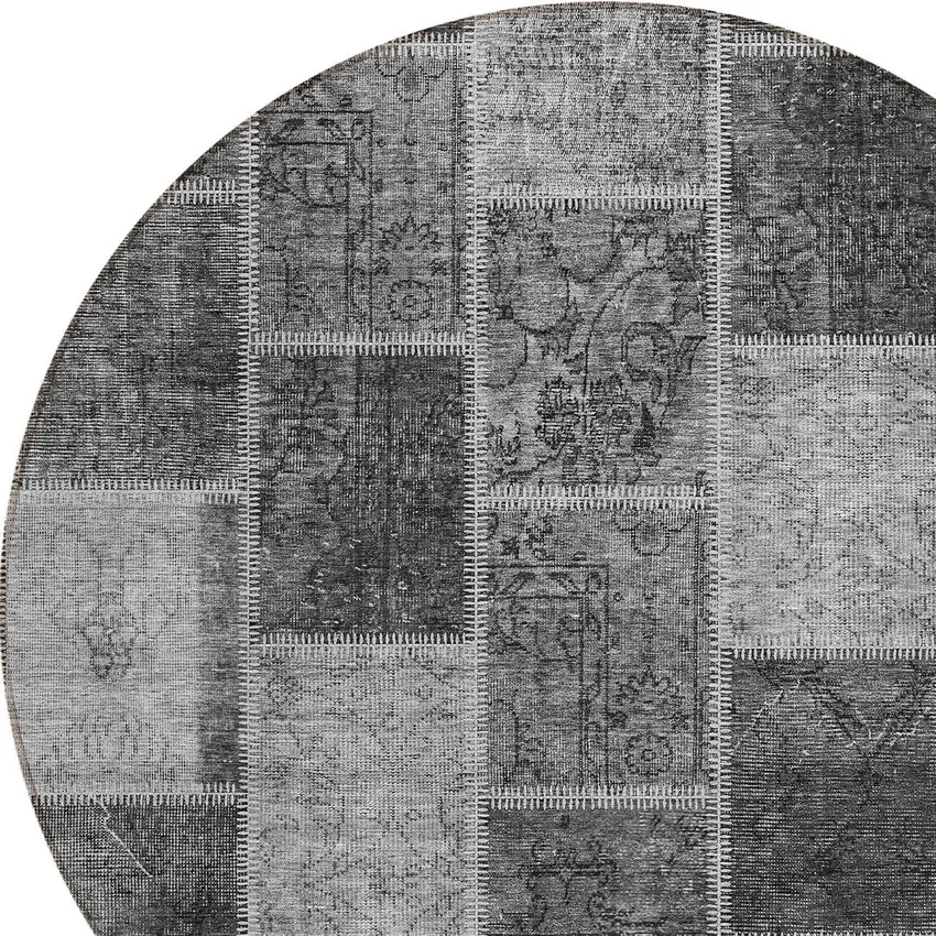 8' Gray Charcoal And Silver Round Patchwork Washable Indoor Outdoor Area Rug Photo 4
