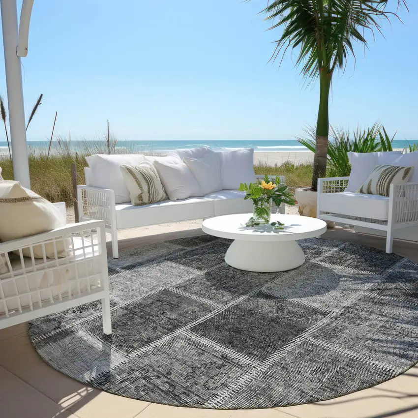 8' Gray Charcoal And Silver Round Patchwork Washable Indoor Outdoor Area Rug Photo 6