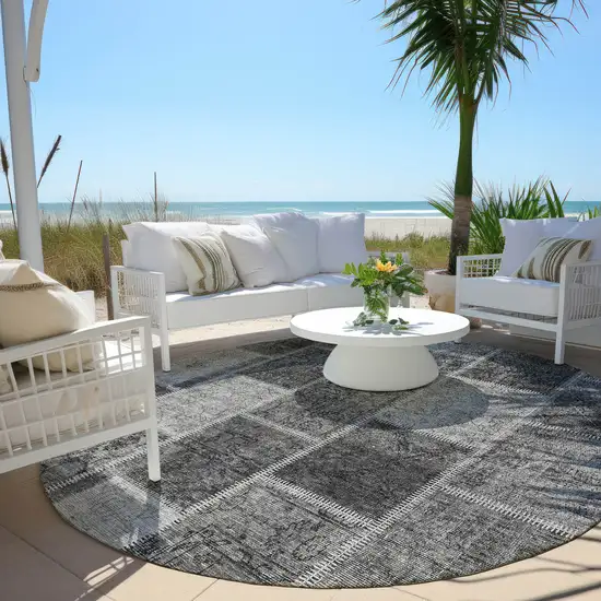 8' Gray Charcoal And Silver Round Patchwork Washable Indoor Outdoor Area Rug Photo 6