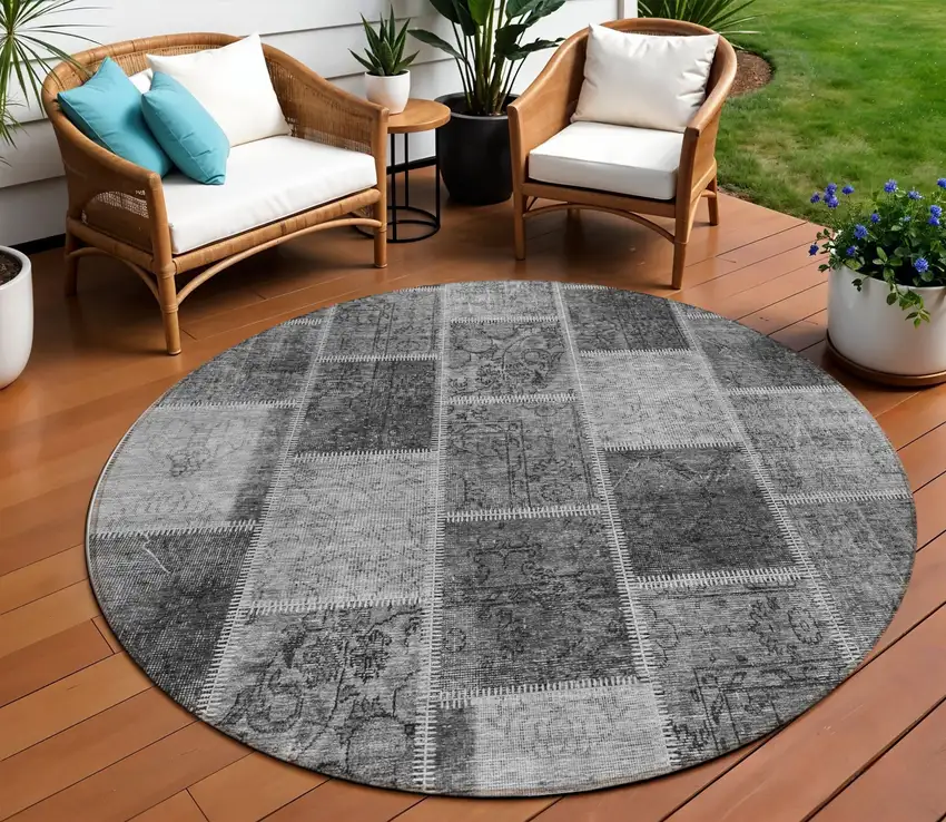8' Gray Charcoal And Silver Round Patchwork Washable Indoor Outdoor Area Rug Photo 1