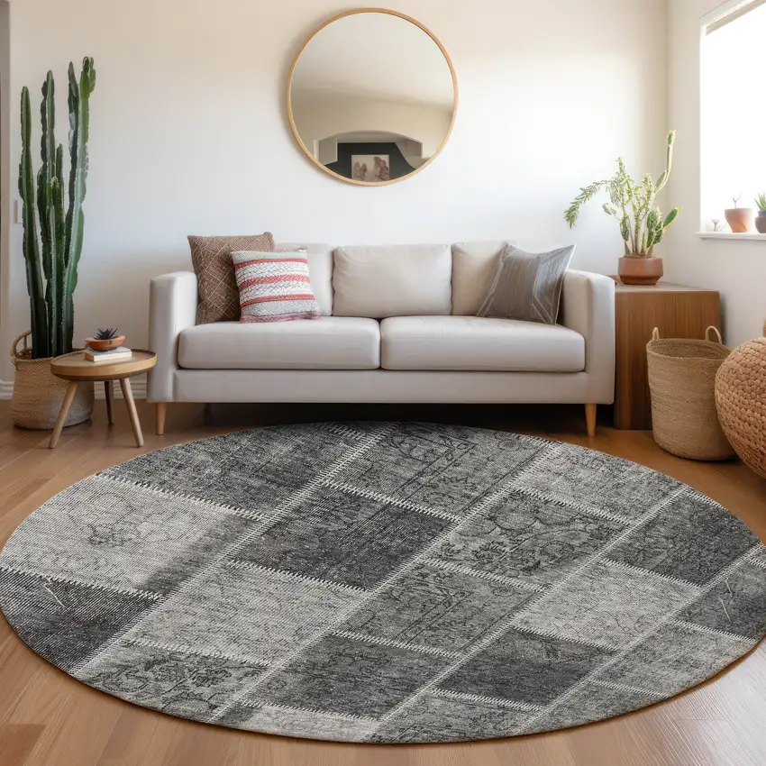 8' Gray Charcoal And Silver Round Patchwork Washable Indoor Outdoor Area Rug Photo 7