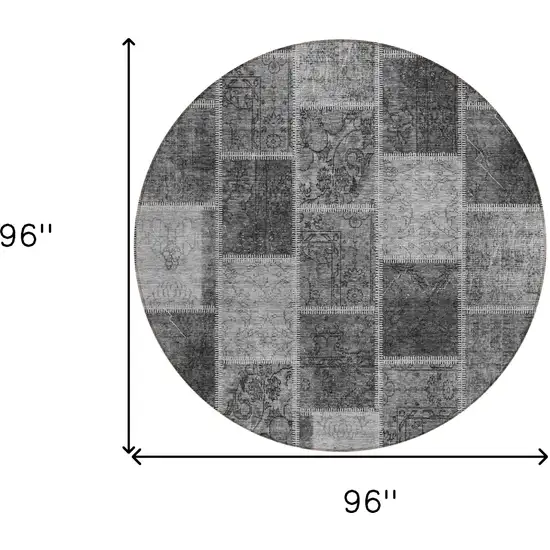 8' Gray Charcoal And Silver Round Patchwork Washable Indoor Outdoor Area Rug Photo 3