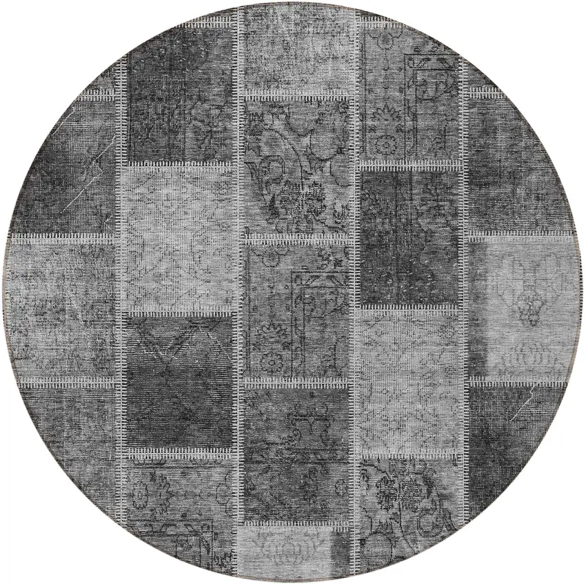 8' Gray Charcoal And Silver Round Patchwork Washable Indoor Outdoor Area Rug Photo 5