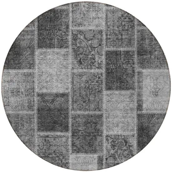 8' Gray Charcoal And Silver Round Patchwork Washable Indoor Outdoor Area Rug Photo 5