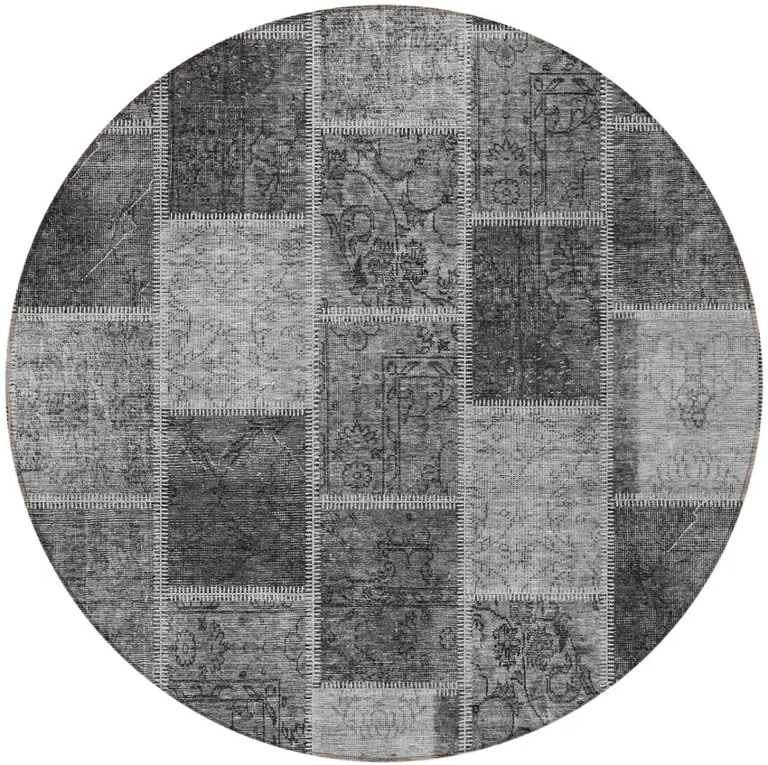 8' Gray Charcoal And Silver Round Patchwork Washable Indoor Outdoor Area Rug Photo 5