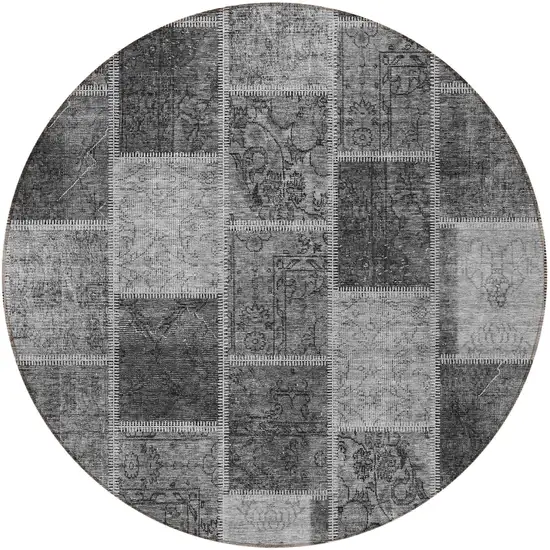 8' Gray Charcoal And Silver Round Patchwork Washable Indoor Outdoor Area Rug Photo 5