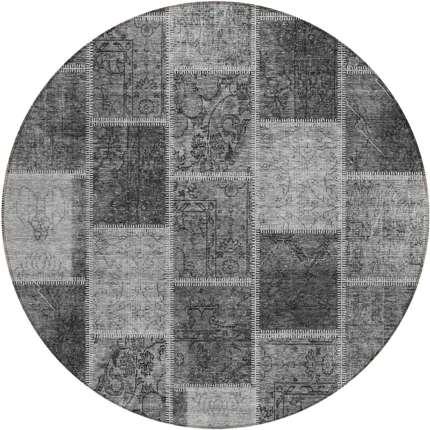 8' Gray Charcoal And Silver Round Patchwork Washable Indoor Outdoor Area Rug Photo 1