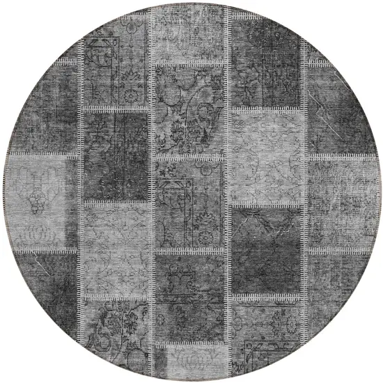 8' Gray Charcoal And Silver Round Patchwork Washable Indoor Outdoor Area Rug Photo 1