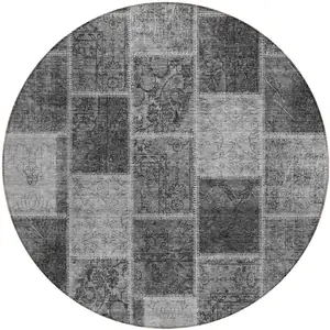 Photo of 8' Gray Charcoal And Silver Round Patchwork Washable Indoor Outdoor Area Rug