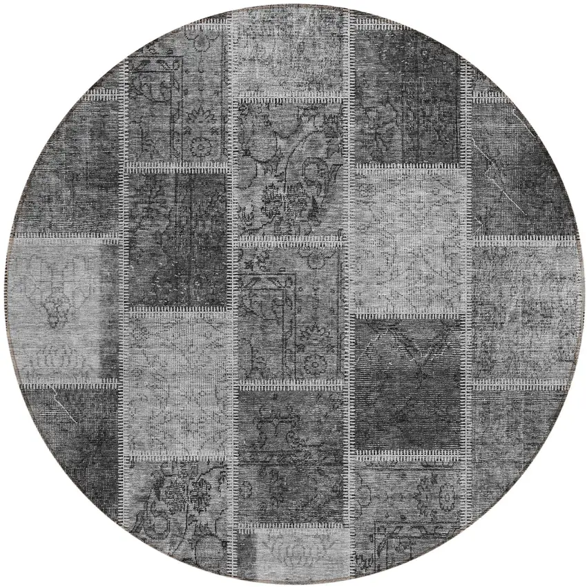 8' Gray Charcoal And Silver Round Patchwork Washable Indoor Outdoor Area Rug Photo 1