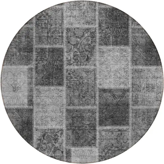 8' Gray Charcoal And Silver Round Patchwork Washable Indoor Outdoor Area Rug Photo 1