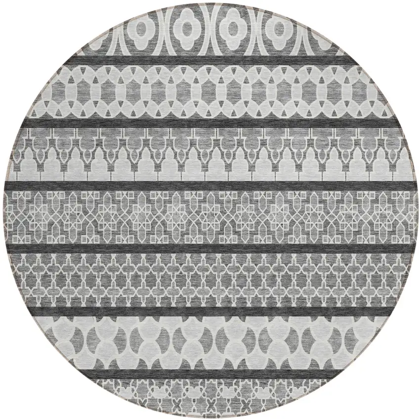 8' Gray Charcoal And Silver Round Quatrefoil Washable Indoor Outdoor Area Rug Photo 2