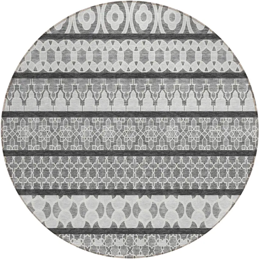 8' Gray Charcoal And Silver Round Quatrefoil Washable Indoor Outdoor Area Rug Photo 2