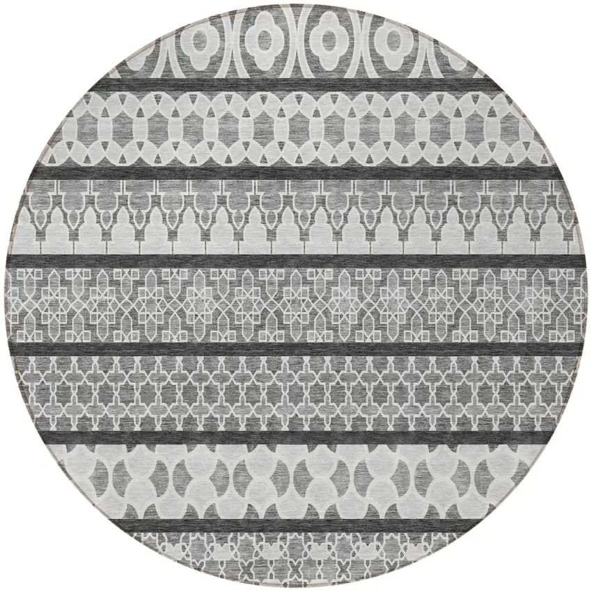 8' Gray Charcoal And Silver Round Quatrefoil Washable Indoor Outdoor Area Rug Photo 5