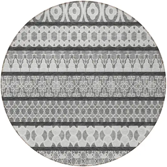 8' Gray Charcoal And Silver Round Quatrefoil Washable Indoor Outdoor Area Rug Photo 5