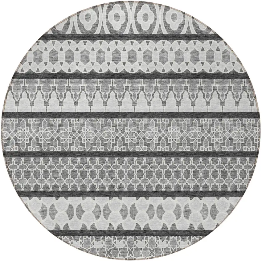 8' Gray Charcoal And Silver Round Quatrefoil Washable Indoor Outdoor Area Rug Photo 5