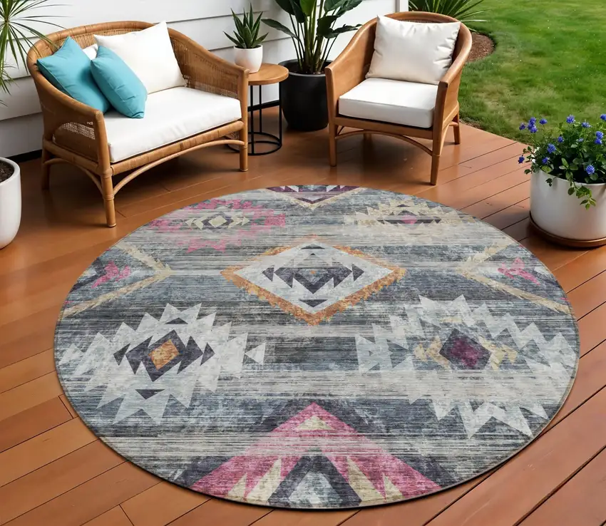 8' Gray Charcoal And Silver Round Southwestern Washable Indoor Outdoor Area Rug Photo 1