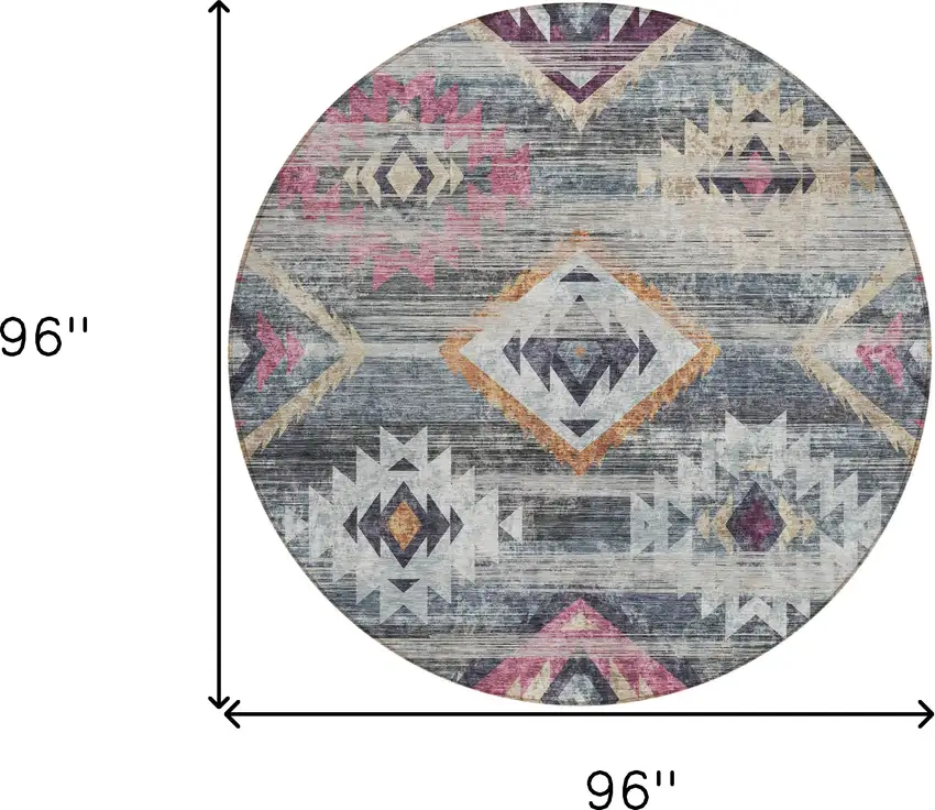 8' Gray Charcoal And Silver Round Southwestern Washable Indoor Outdoor Area Rug Photo 3