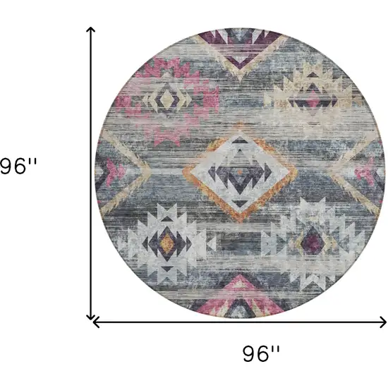 8' Gray Charcoal And Silver Round Southwestern Washable Indoor Outdoor Area Rug Photo 3