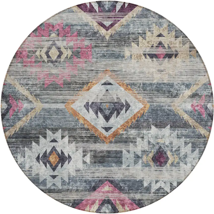 8' Gray Charcoal And Silver Round Southwestern Washable Indoor Outdoor Area Rug Photo 2