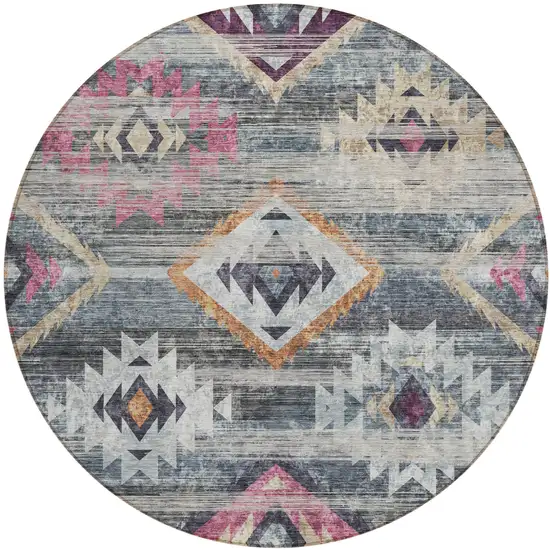 8' Gray Charcoal And Silver Round Southwestern Washable Indoor Outdoor Area Rug Photo 2