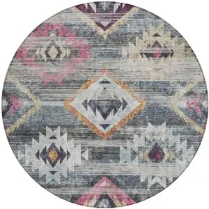 Photo of 8' Gray Charcoal And Silver Round Southwestern Washable Indoor Outdoor Area Rug