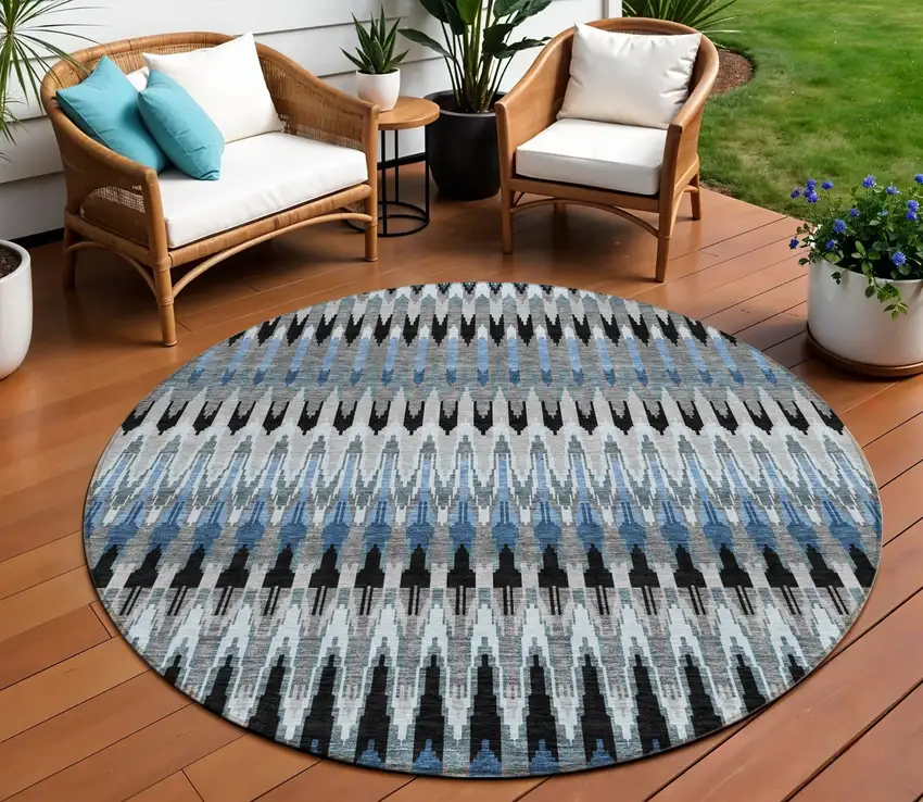 8' Gray Charcoal And Silver Round Southwestern Washable Indoor Outdoor Area Rug Photo 1
