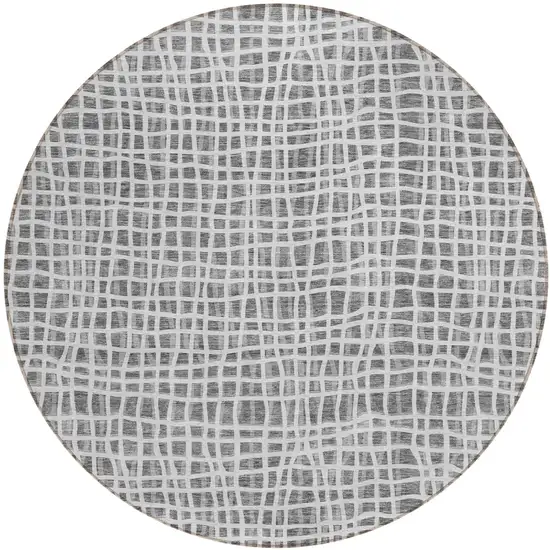 8' Gray Charcoal And Silver Round Striped Washable Indoor Outdoor Area Rug Photo 1