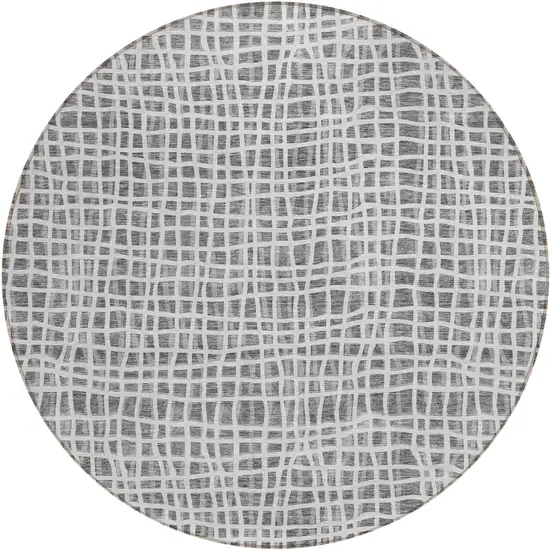 8' Gray Charcoal And Silver Round Striped Washable Indoor Outdoor Area Rug Photo 1