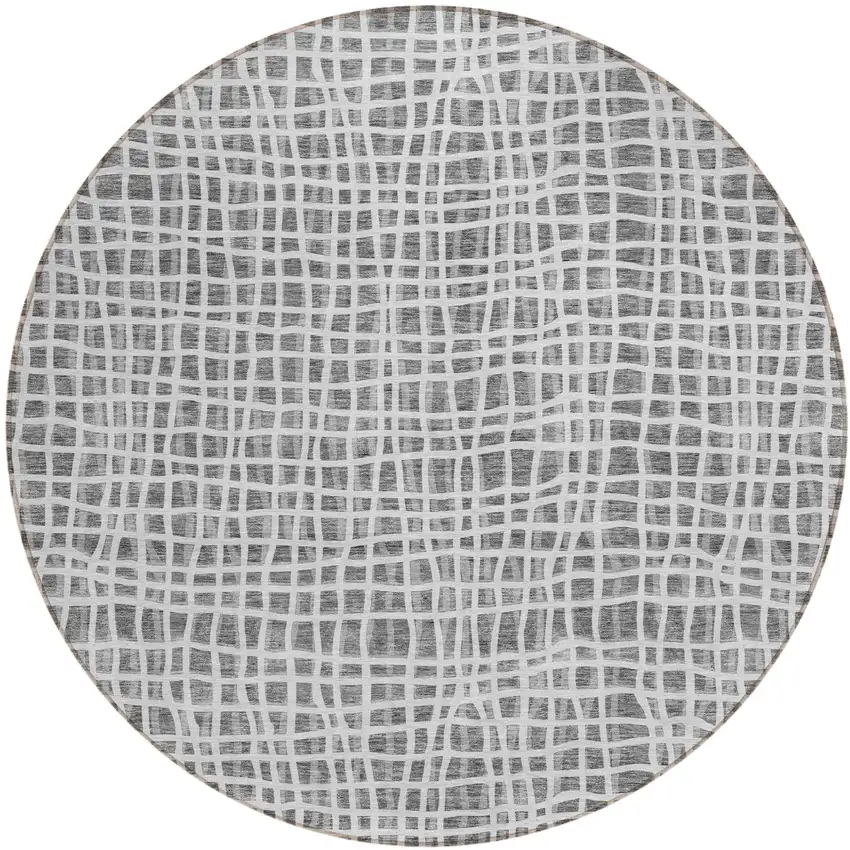 8' Gray Charcoal And Silver Round Striped Washable Indoor Outdoor Area Rug Photo 1