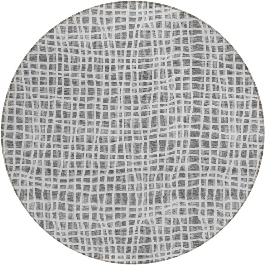 8' Gray Charcoal And Silver Round Striped Washable Indoor Outdoor Area Rug Photo 1