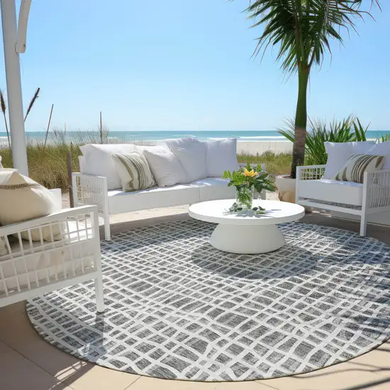 8' Gray Charcoal And Silver Round Striped Washable Indoor Outdoor Area Rug Photo 7