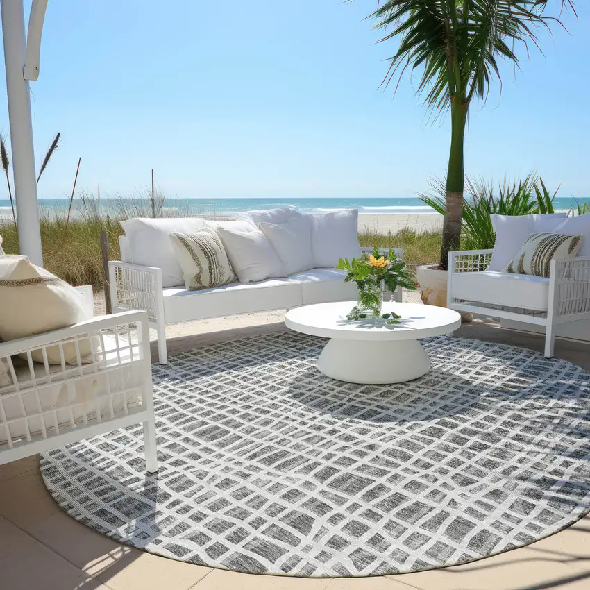 8' Gray Charcoal And Silver Round Striped Washable Indoor Outdoor Area Rug Photo 7