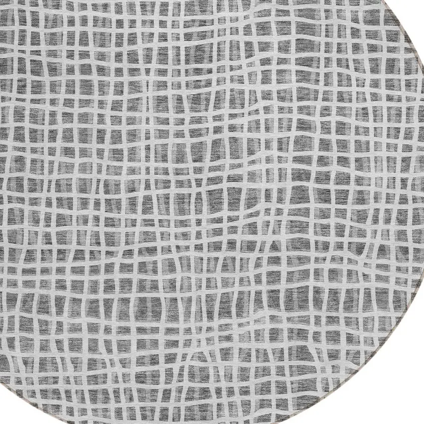 8' Gray Charcoal And Silver Round Striped Washable Indoor Outdoor Area Rug Photo 4
