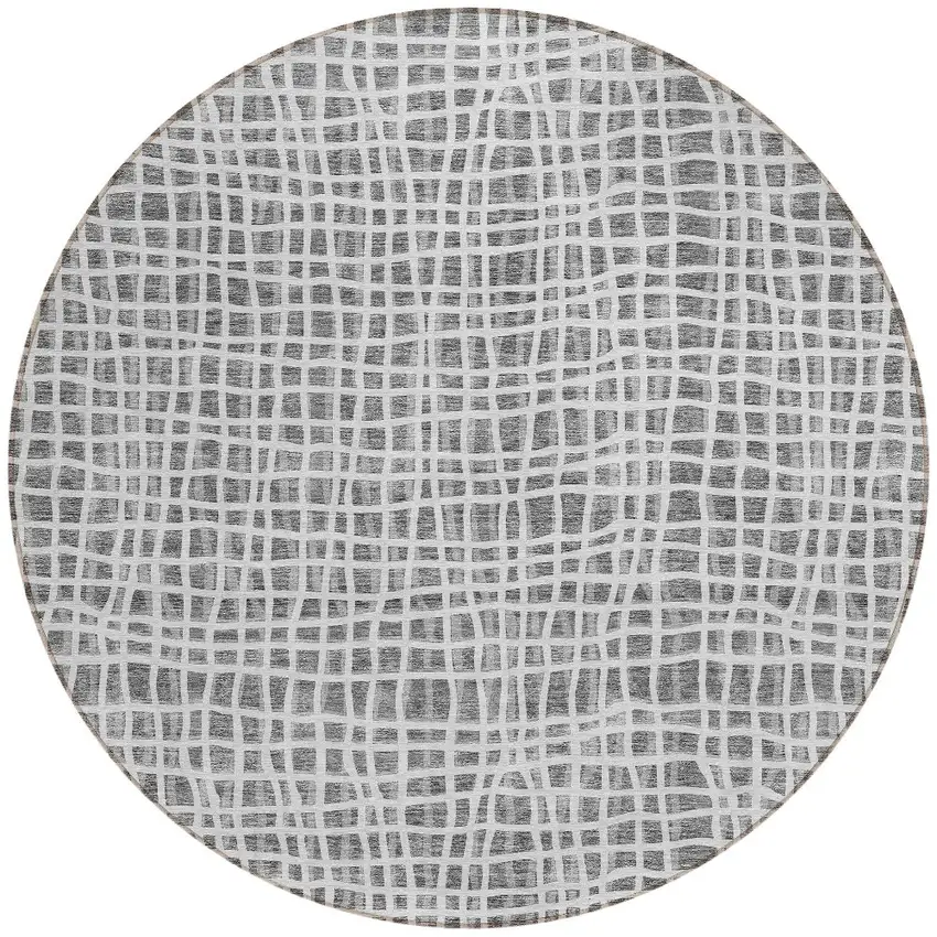 8' Gray Charcoal And Silver Round Striped Washable Indoor Outdoor Area Rug Photo 5