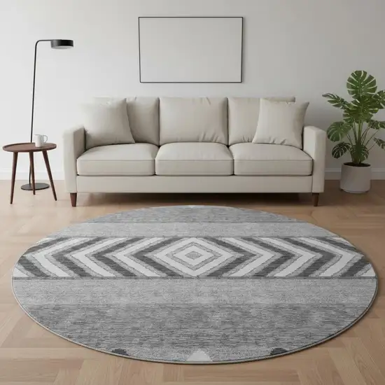 8' Gray Charcoal And Silver Southwestern Washable Round Rug With UV Protection Photo 1