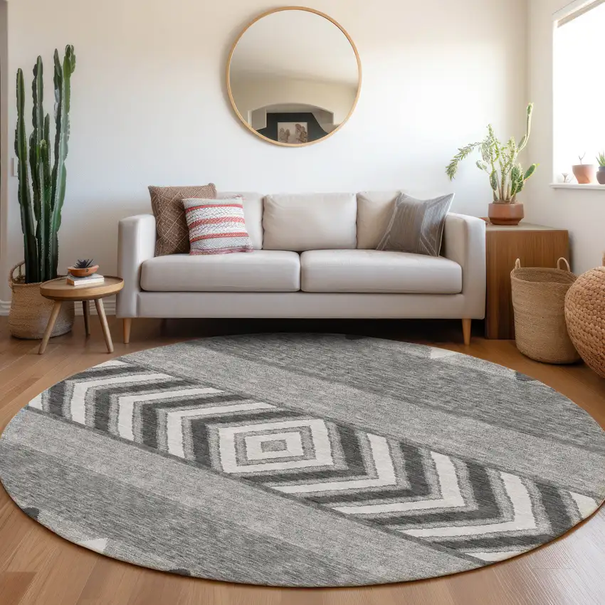 8' Gray Charcoal And Silver Southwestern Washable Round Rug With UV Protection Photo 4
